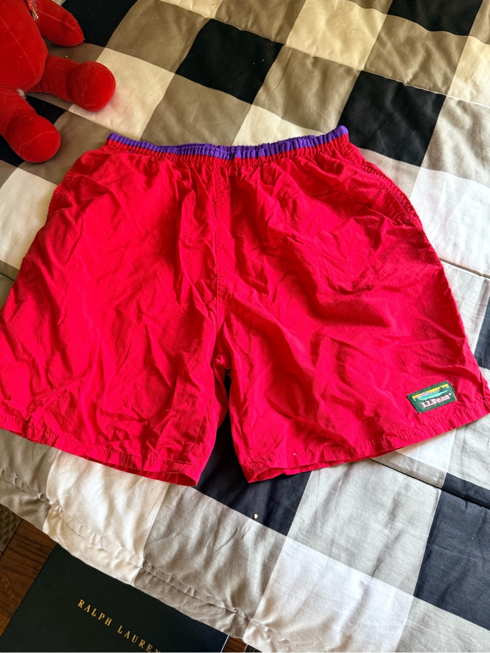 L.L. Bean Red Swim Trunks with Purple Waistband